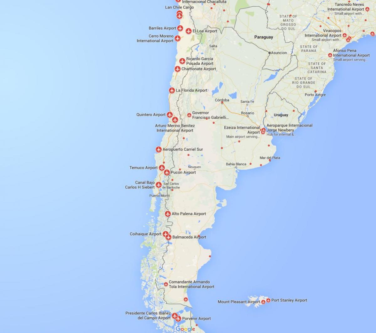 kartta lentokentät Chilessä